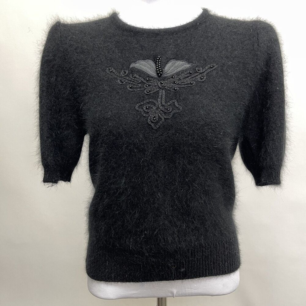 Women's Sweater Small Medium Black‎ Angora Short Sleeve